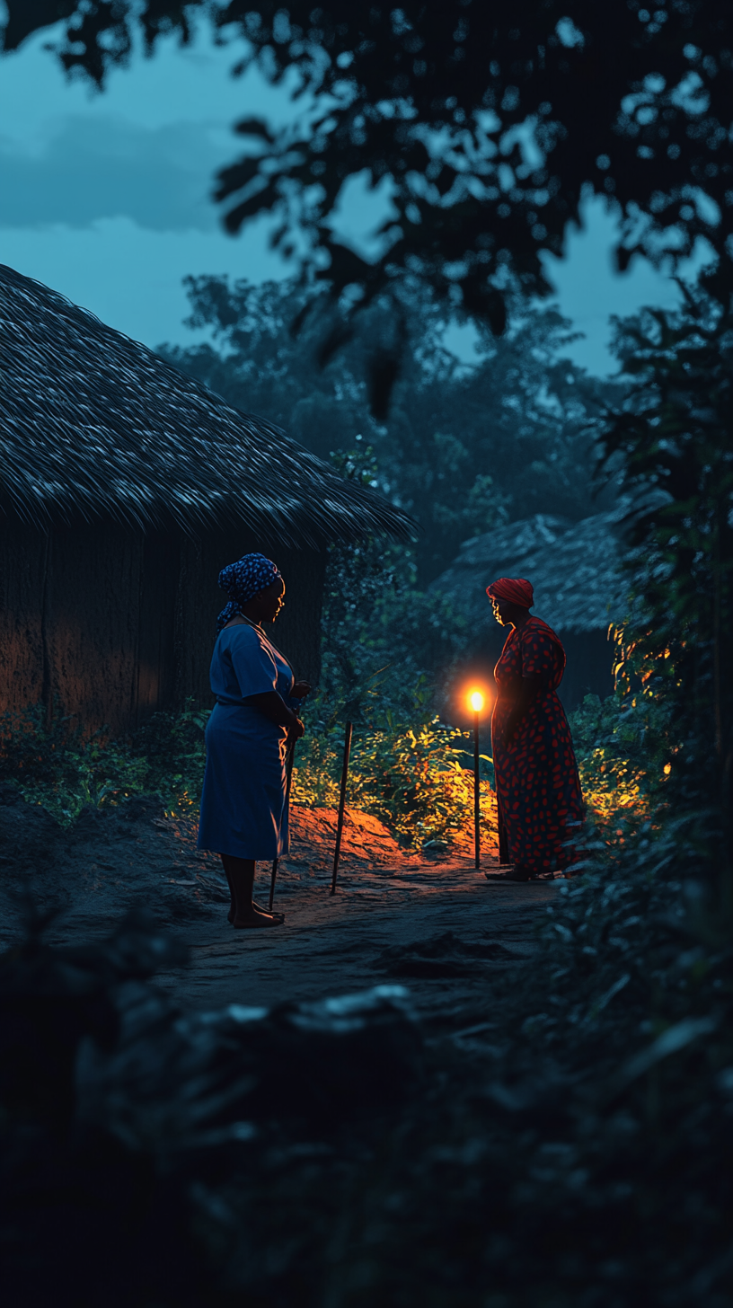 Ezinne, Nigerian midwife, in forest clearing with old woman.