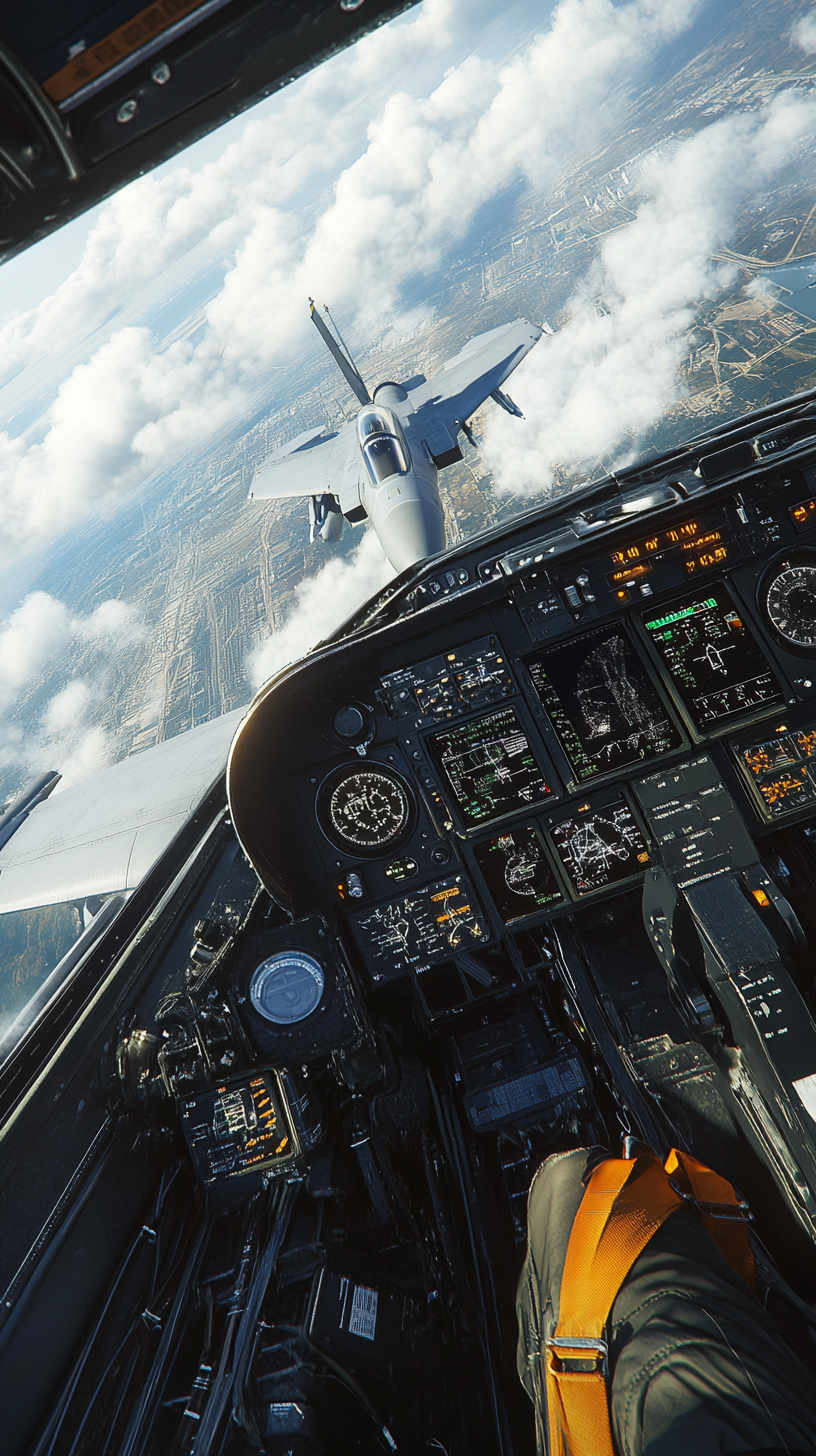 F-15 Eagle cockpit, pilot scanning skies, confusion, urgency.