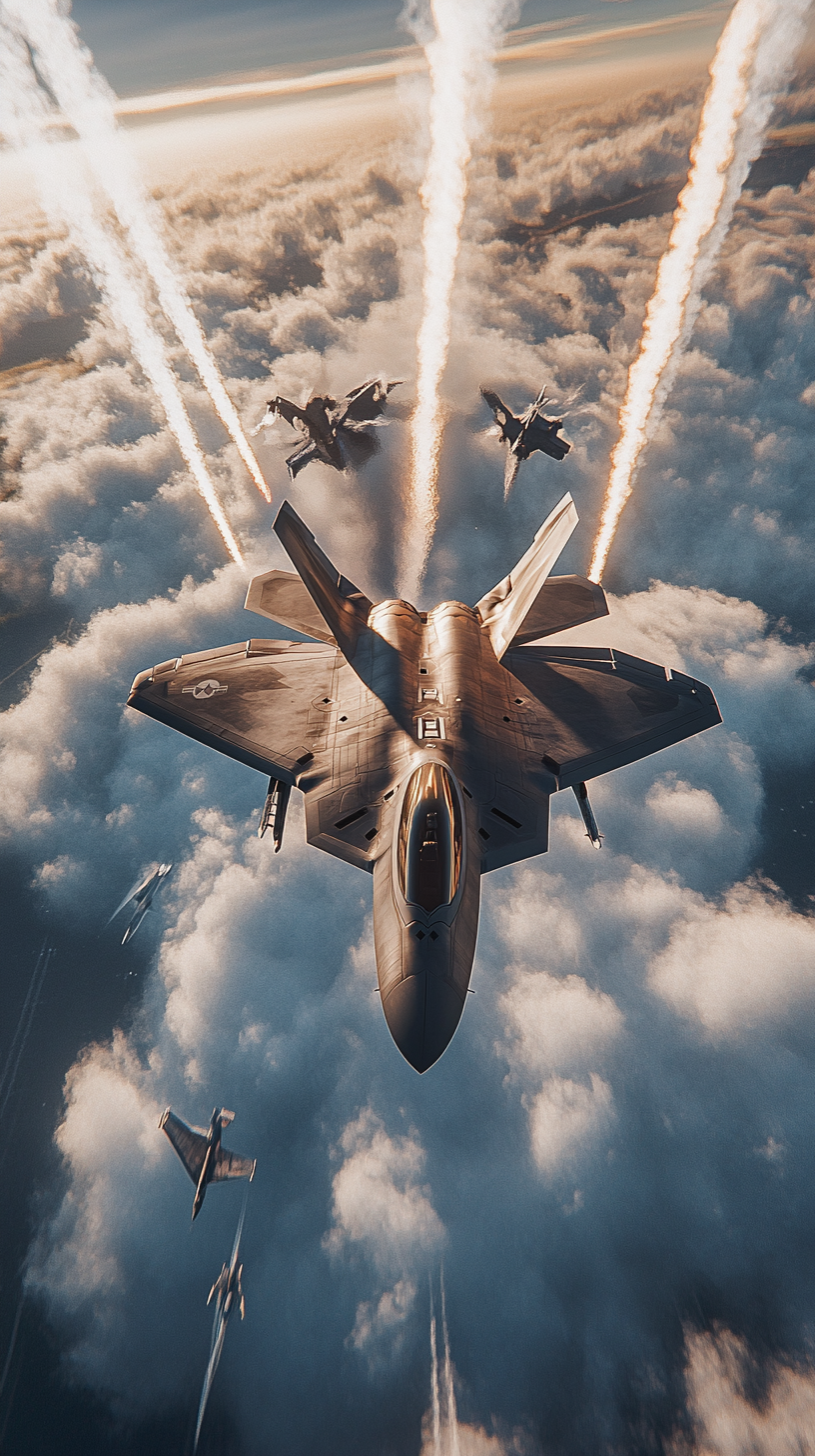 F-22 dominates sky, F-15s struggle, surreal, hyper-realistic.