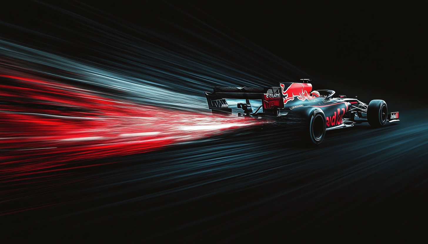 F1 car zooming across with black background art.