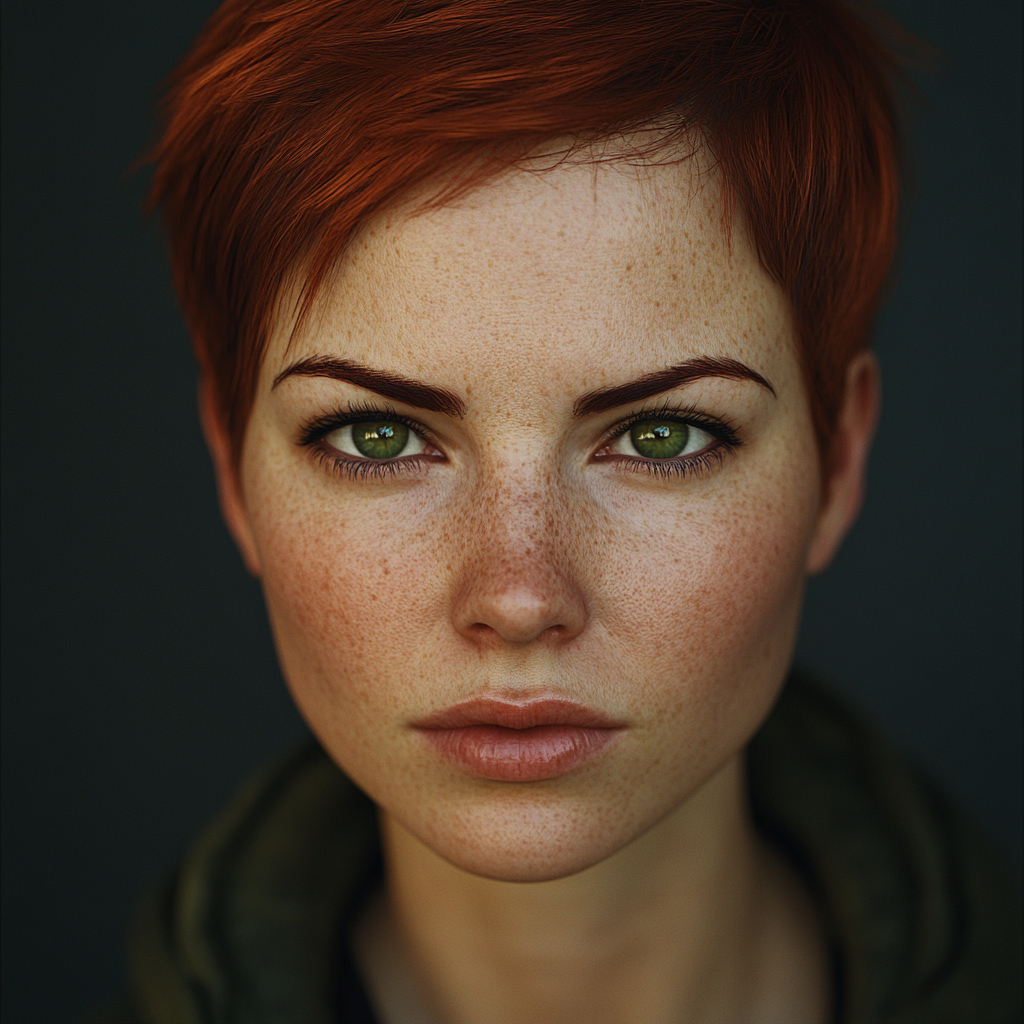 FIT 30s WOMAN, RED HAIR, GREEN EYES, SCARS.