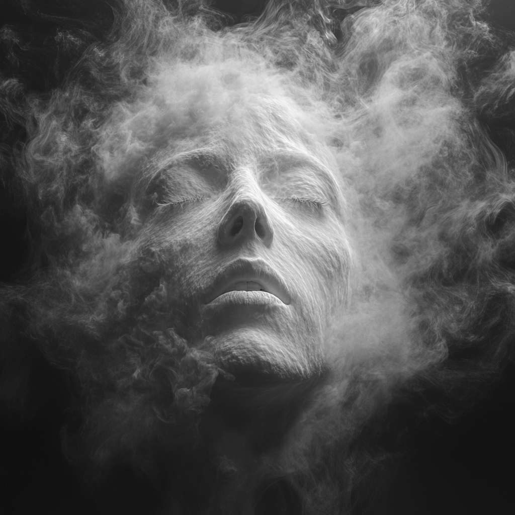 Face shape formed by blowing smoke away, surreal style.