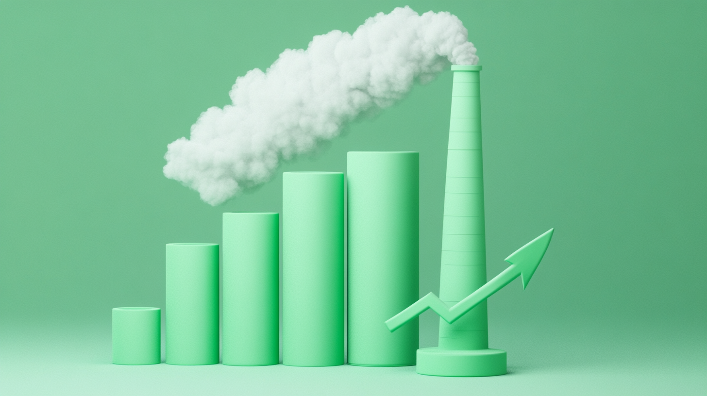 Factory Bar Chart: Green Cylinders, White Smoke Clouds