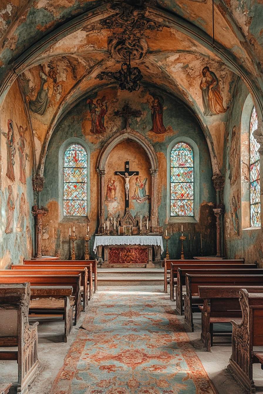 Faded Frescoes in Western Gothic chapel create serene reflection.