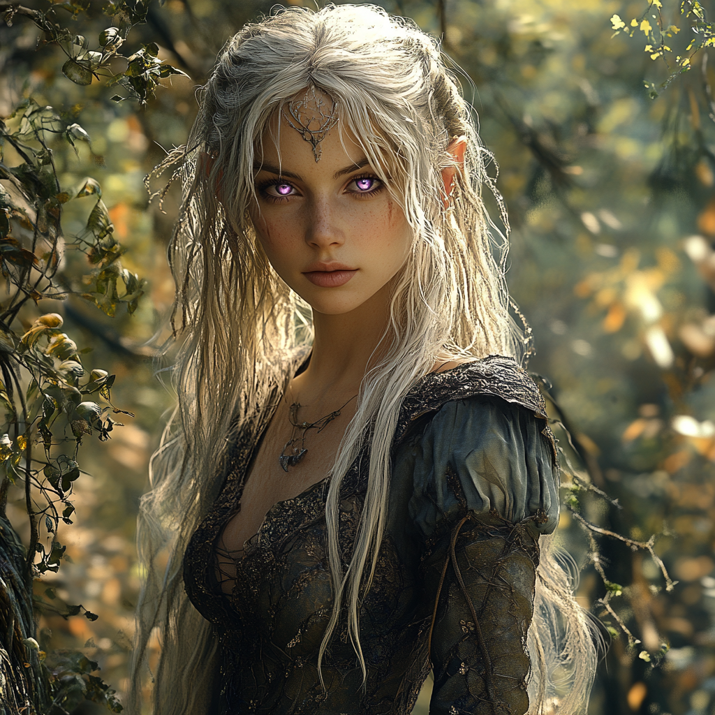 Fae woman in noble clothing in dangerous forest.