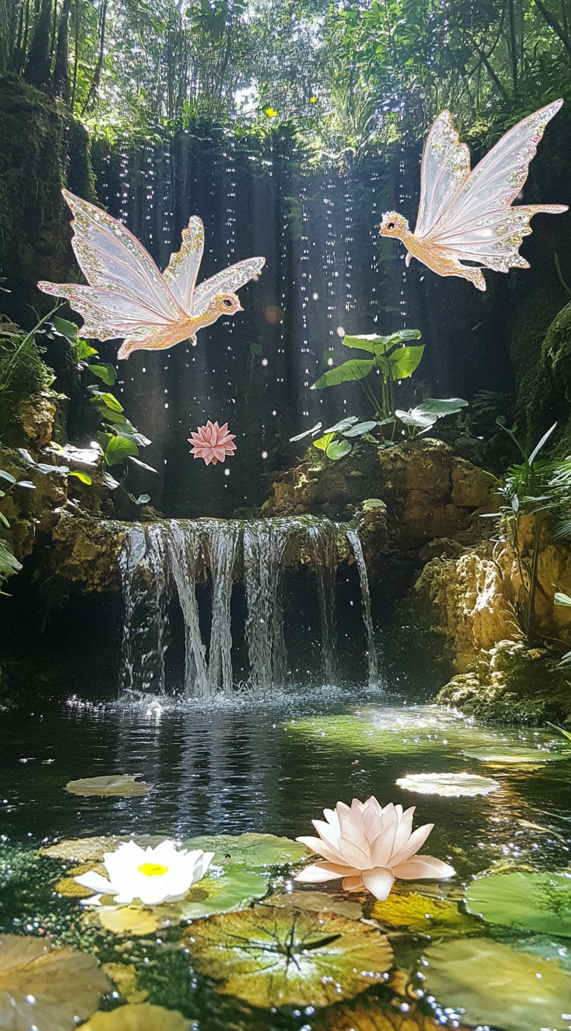 Fairies fly over waterfall in magical forest