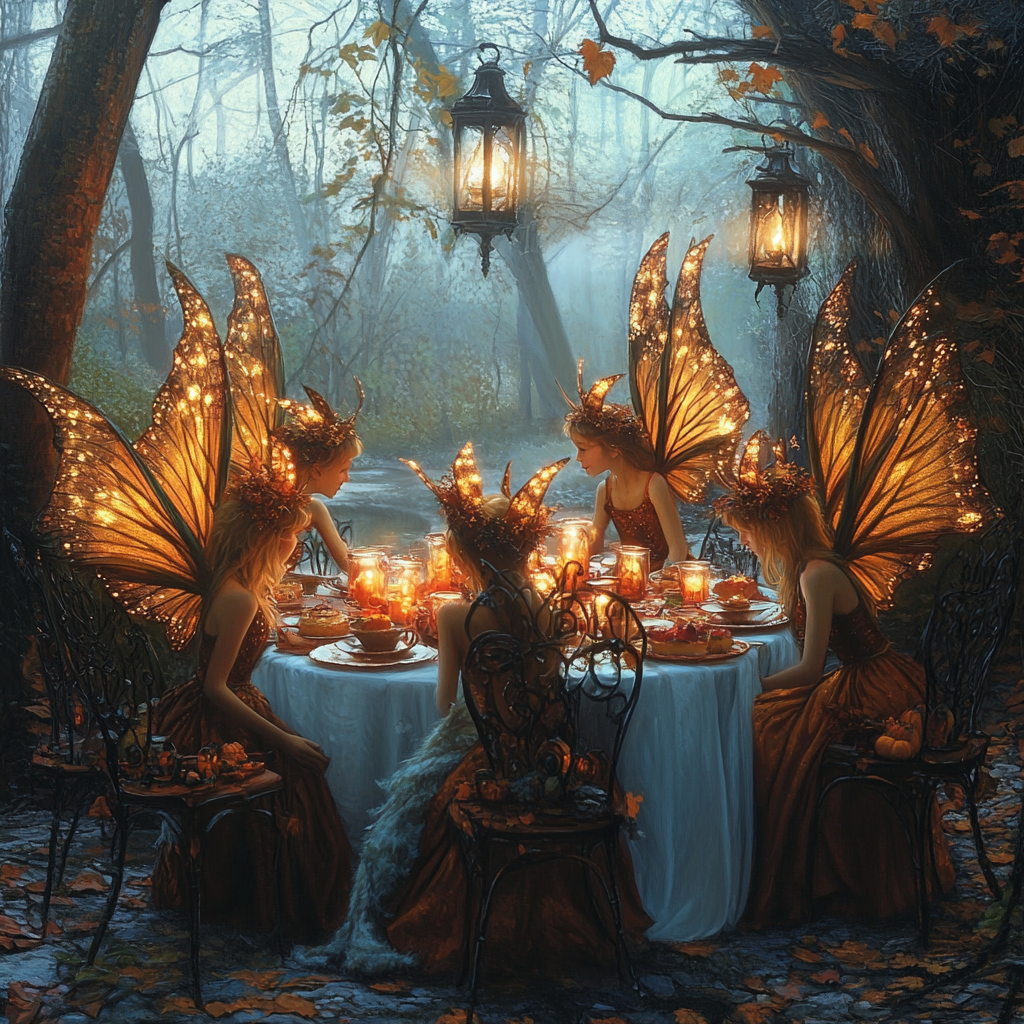 Fairies with large wings at outdoor Halloween tea table.