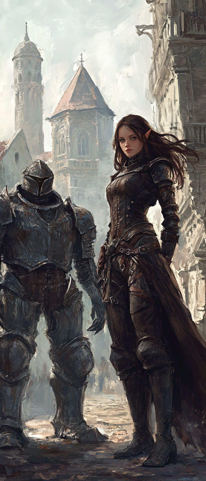 Fairy and metal golem in medieval city, ethereal mood.