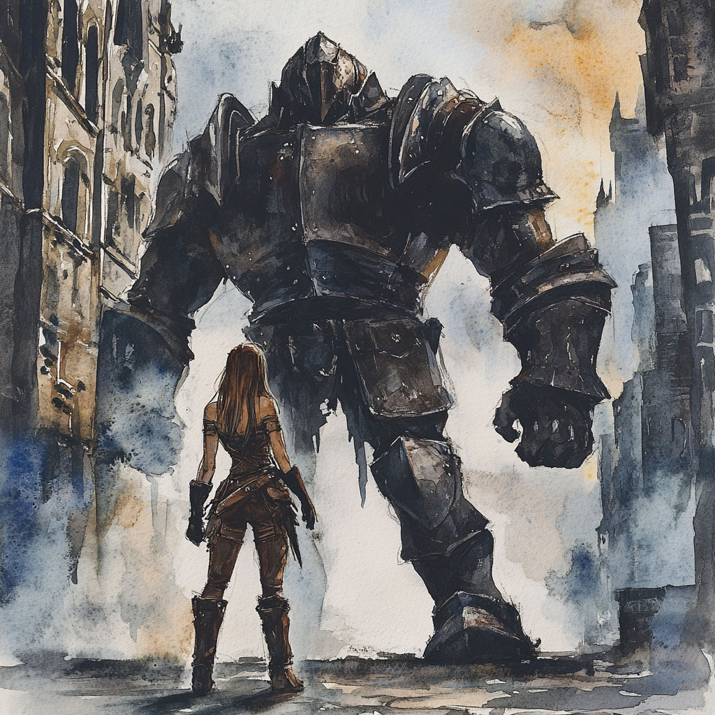 Fairy in armor with golem friend in medieval city.