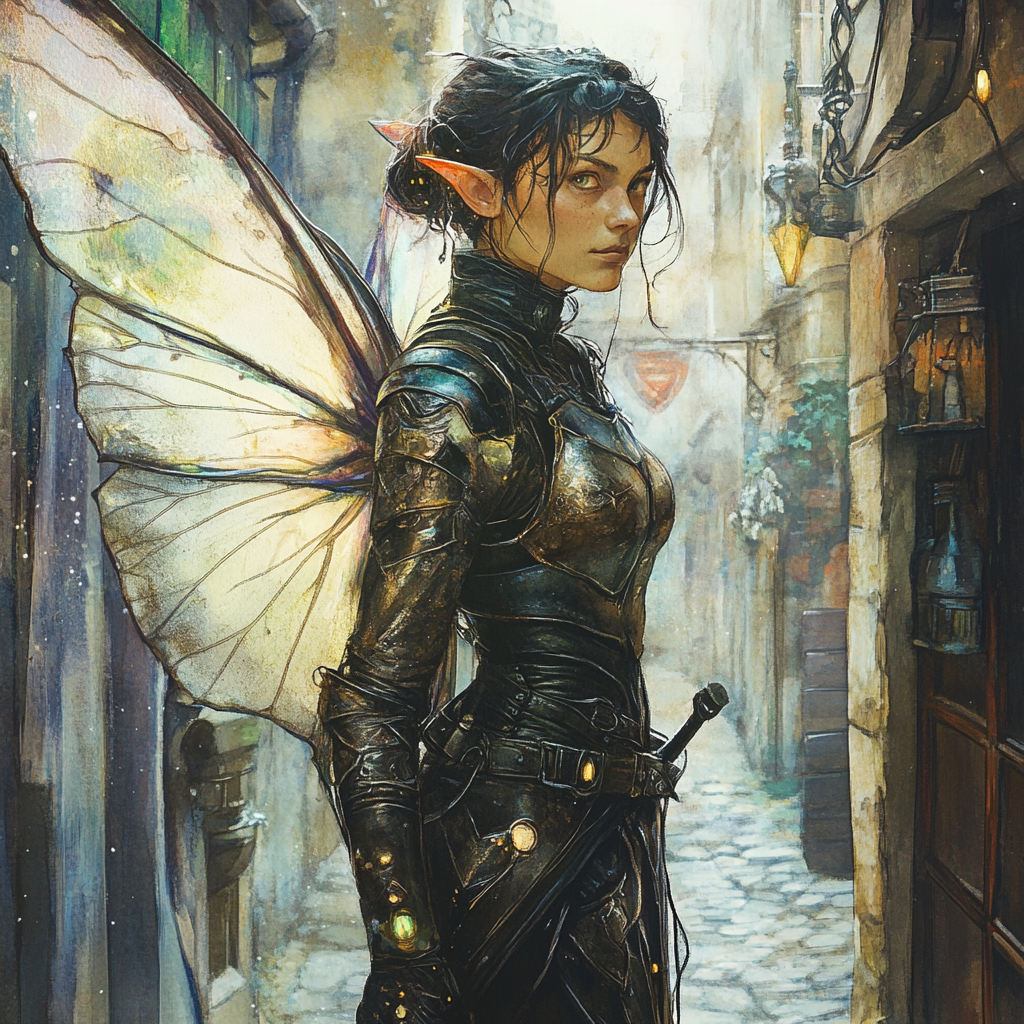 Fairy rogue in leather armor with translucent wings.