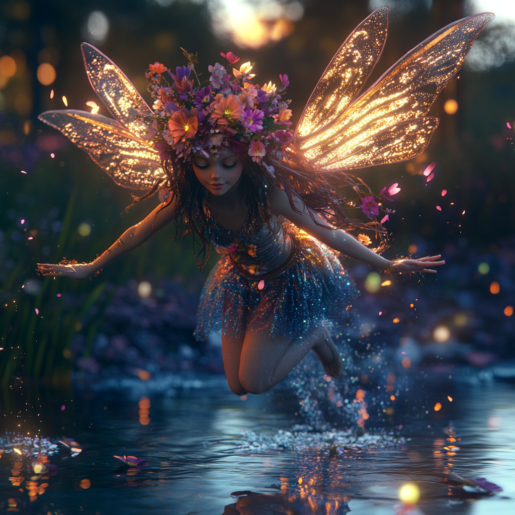 Fairy with glowing wings hovers over magical pond.