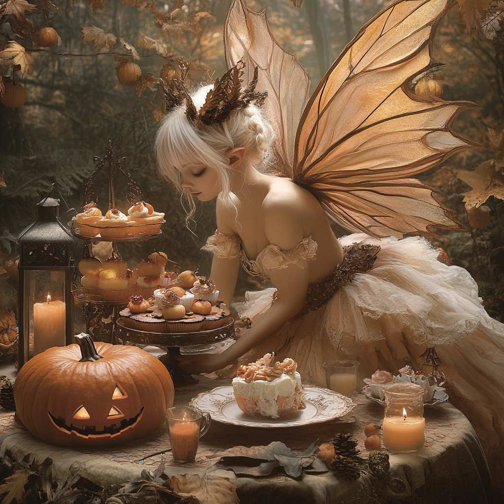 Fairy with large wings at spooky Fall tea party.