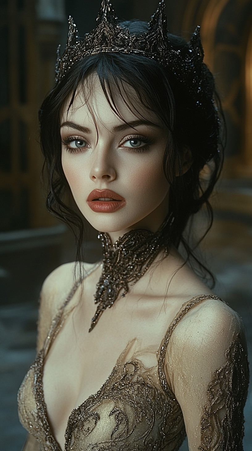 Fairy woman with sharp features and light grey eyes.