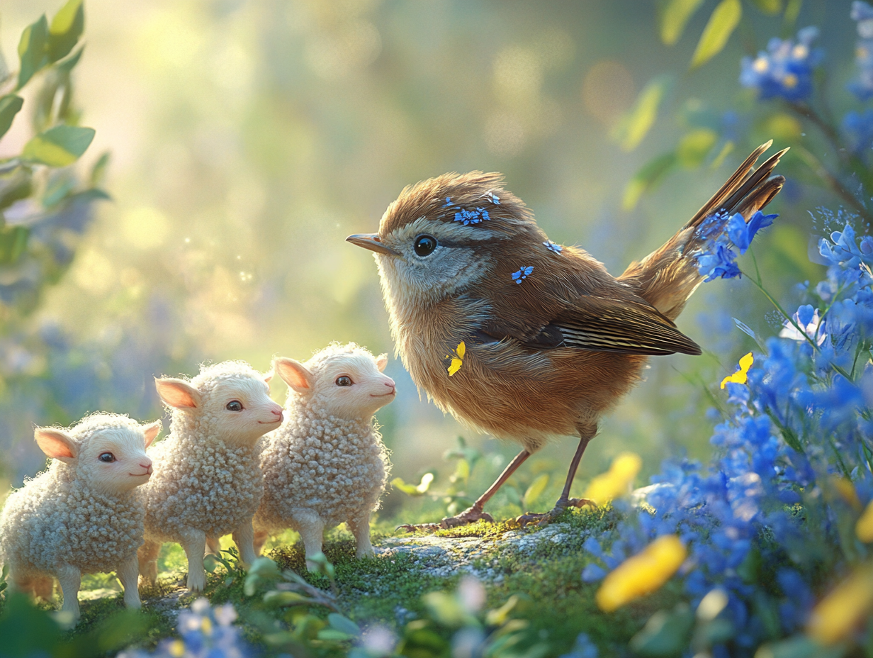 Fairy wrens and lambs in serene scene