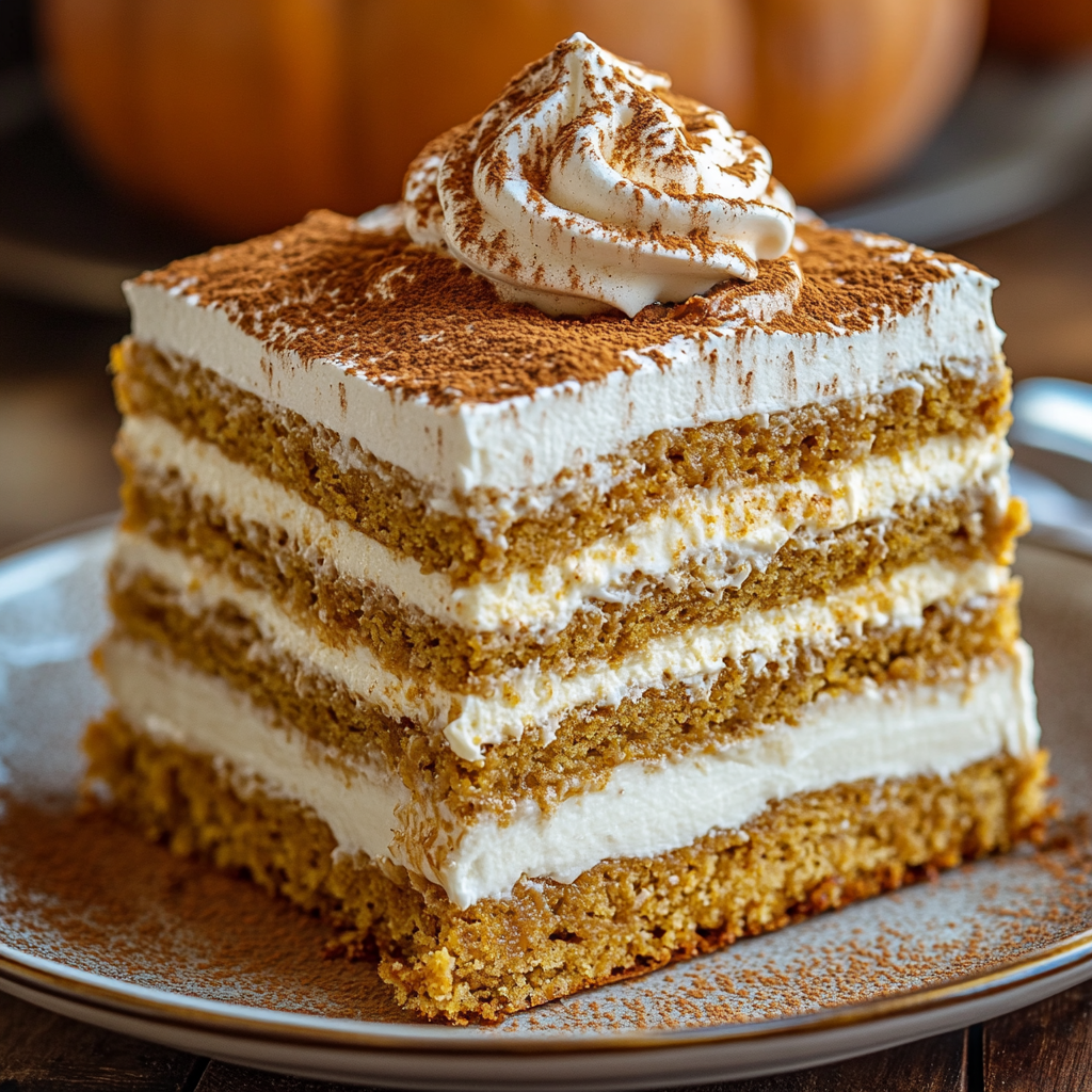 Fall-inspired pumpkin dessert with rich layers and creamy topping.