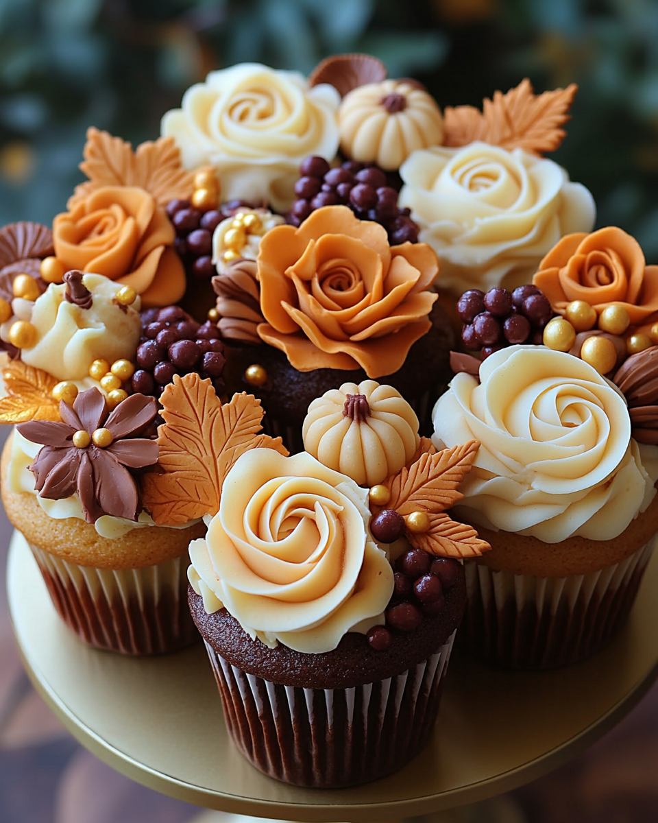 Fall-themed dessert table with fancy treats