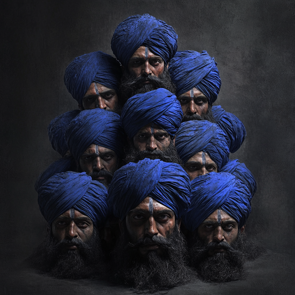 Fallen Sikh warriors' heads in blue turbans, Punjab 1762