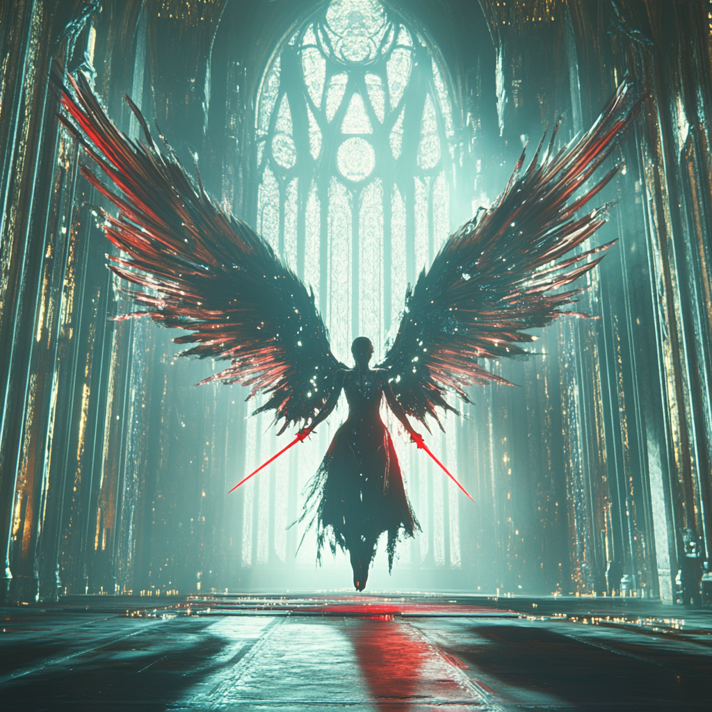 Fallen angel with wings hovering in futuristic cathedral setting.