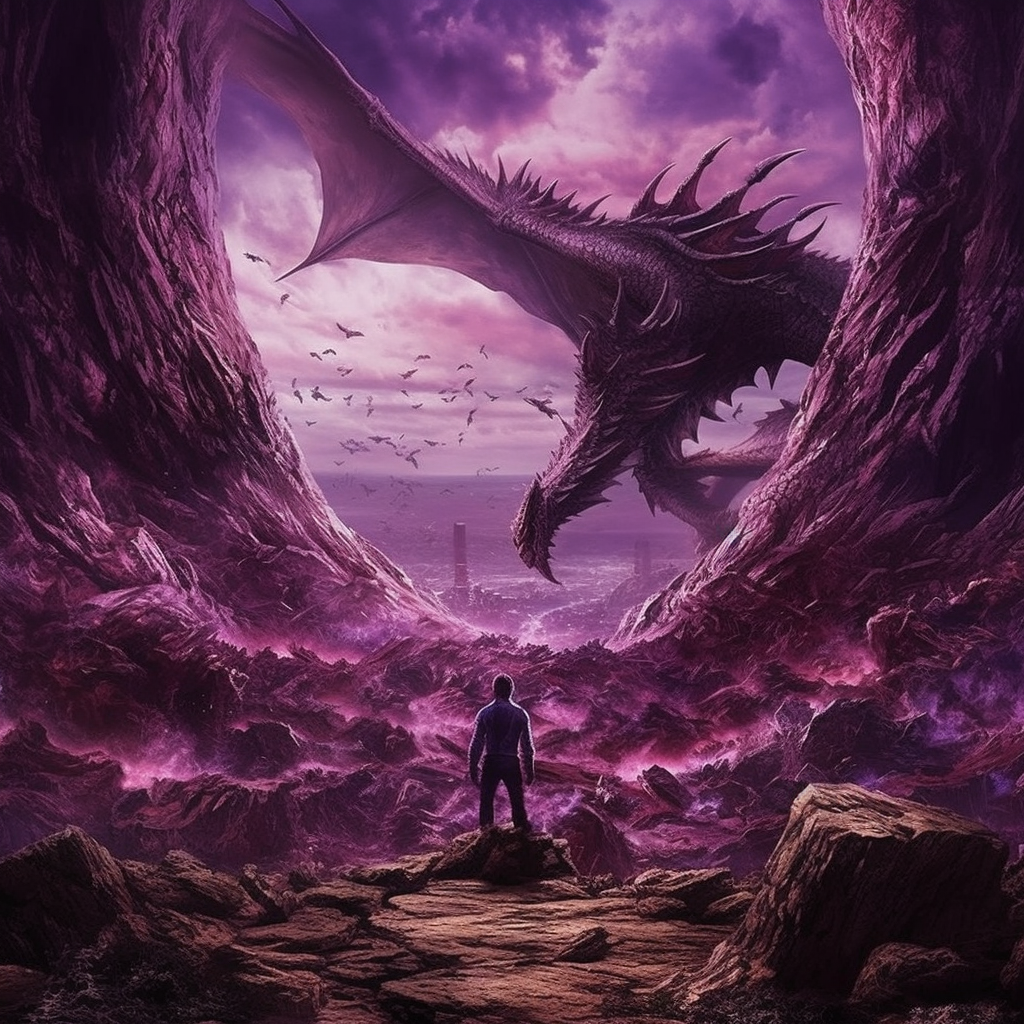 Fallen kingdom with dragon, bones, weapons, purple hues.