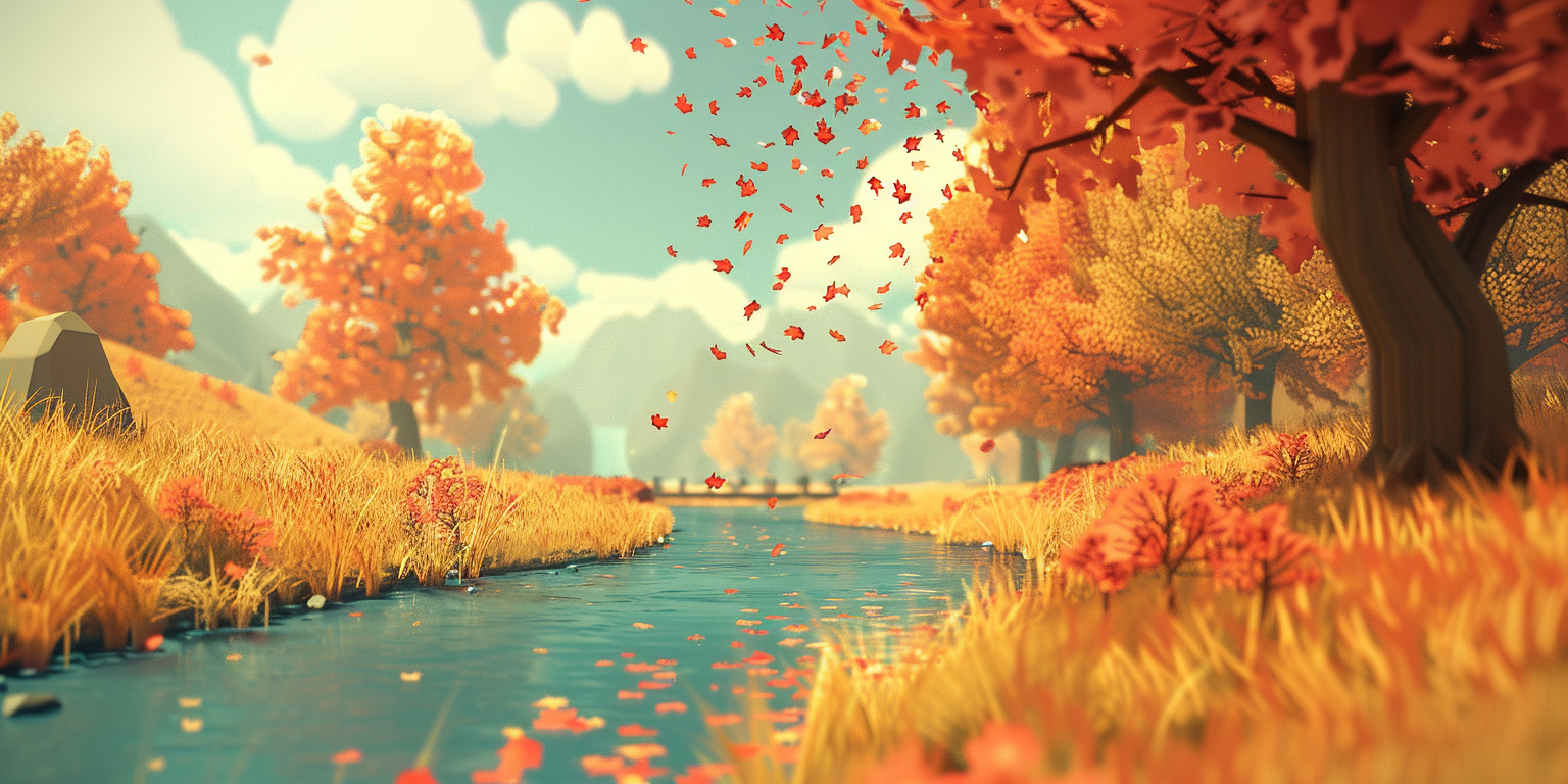 Falling leaves in cozy autumn meadow scene