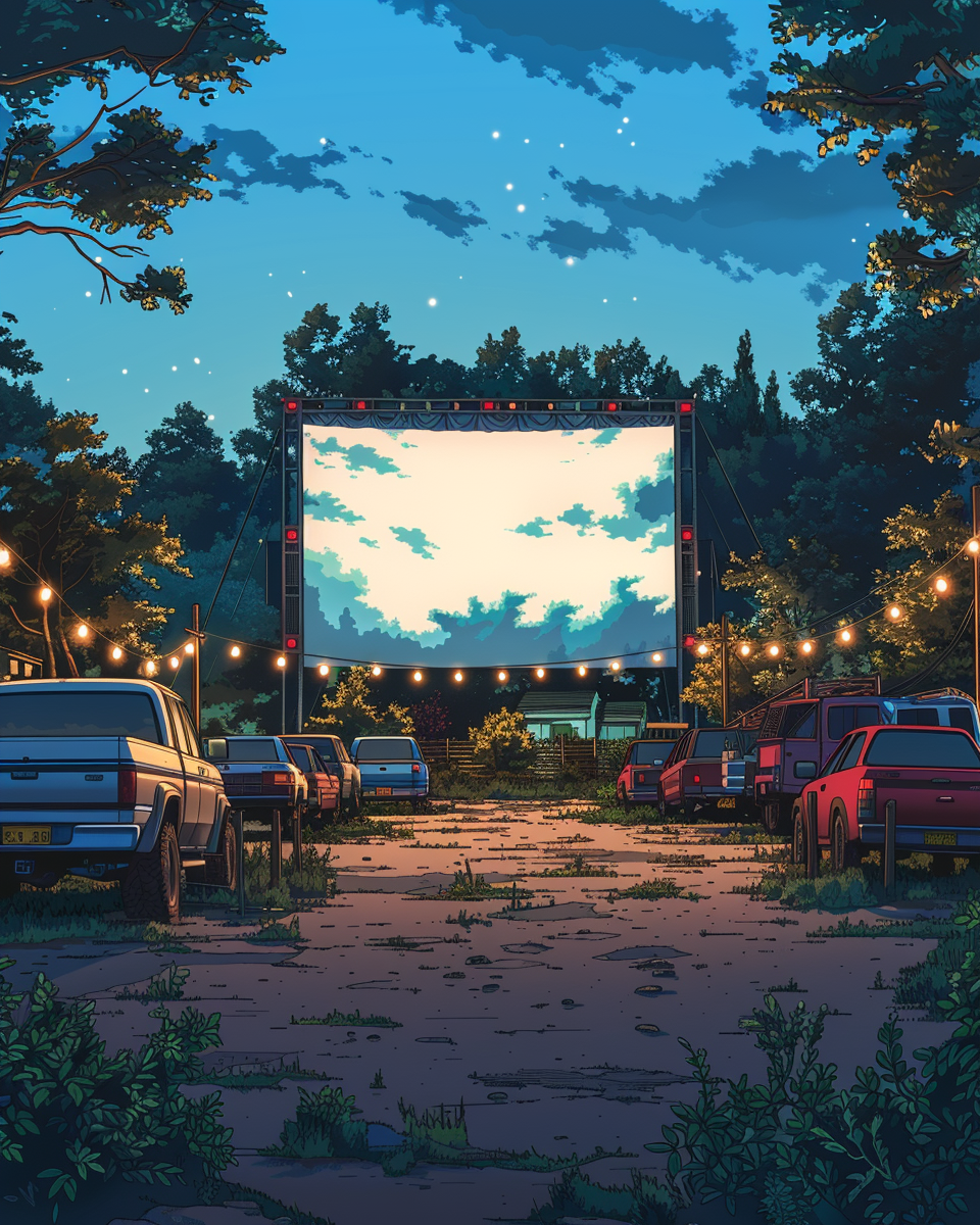 Families enjoying movie night at makeshift suburban drive-in theater.