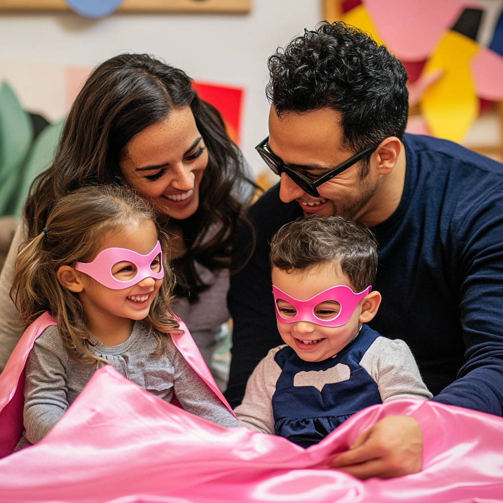 Families have fun playing superheroes with pink costumes.