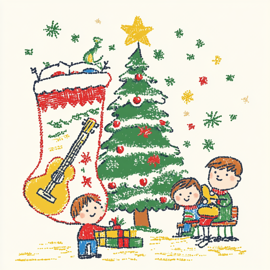 Family Christmas scene with stocking, kids, parents, guitar