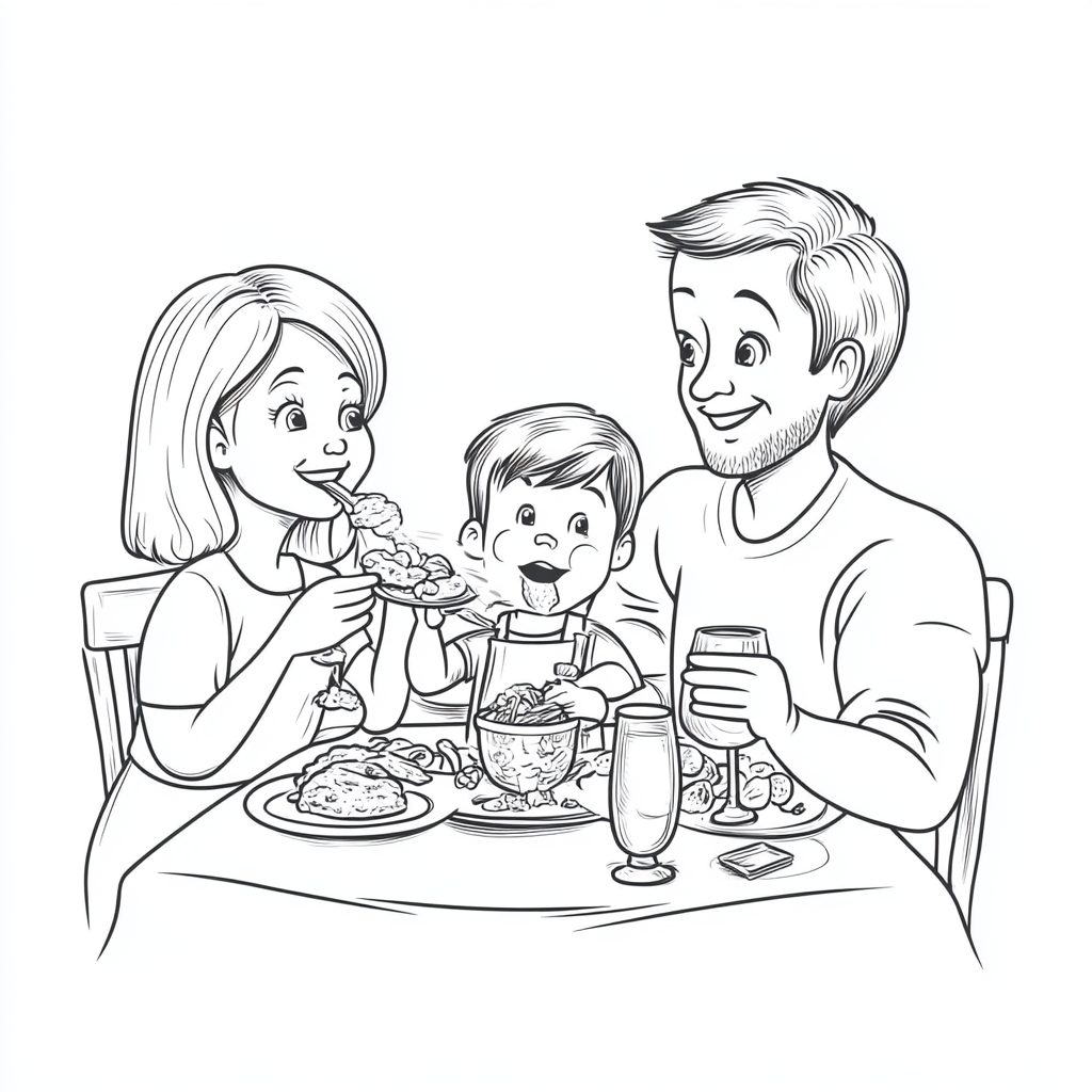 Family Enjoying Drinks and Food Coloring Page