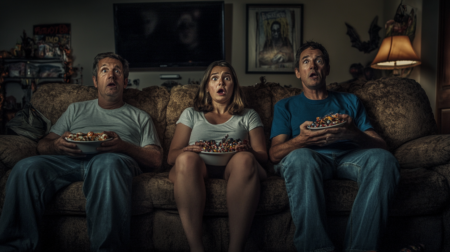 Family Enjoying Halloween Horror Movie Together