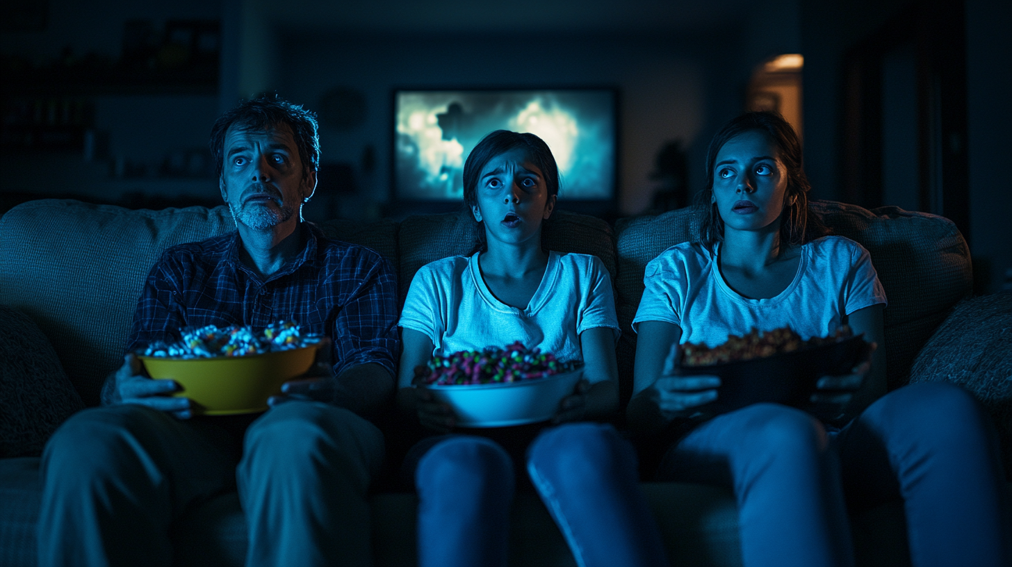 Family Watching Halloween Movie on Sofa