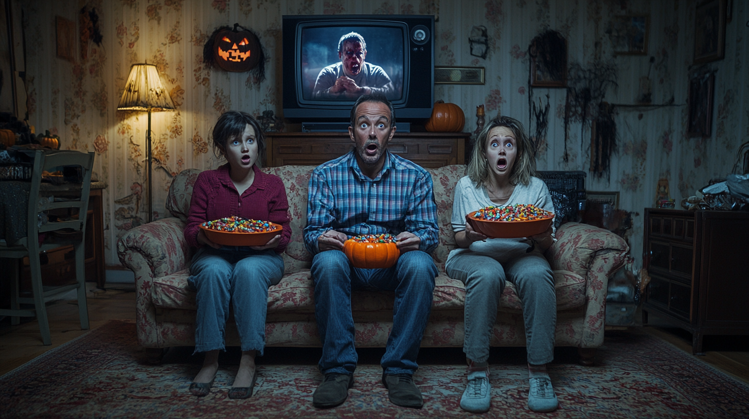 Family Watching Halloween Movie with Candy Bowls