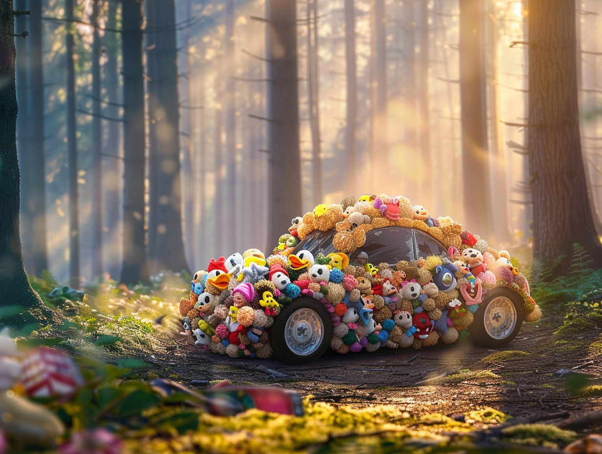 Family car made of Disney plush toys in forest.