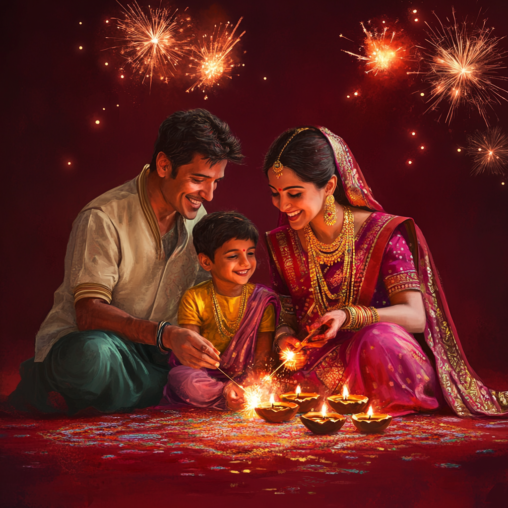 Family celebrates Diwali with fireworks, traditional attire.