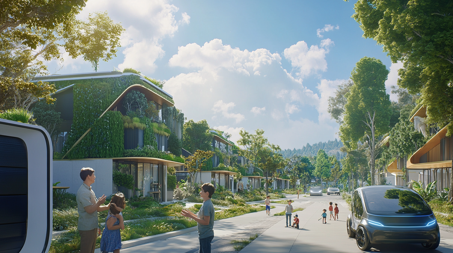 Family conversing in eco-friendly town, children playing nearby.