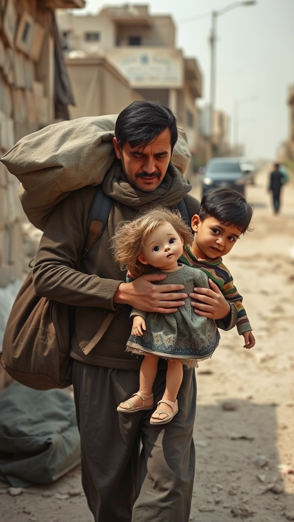 Family displaced by war, father with bag, child holds doll.