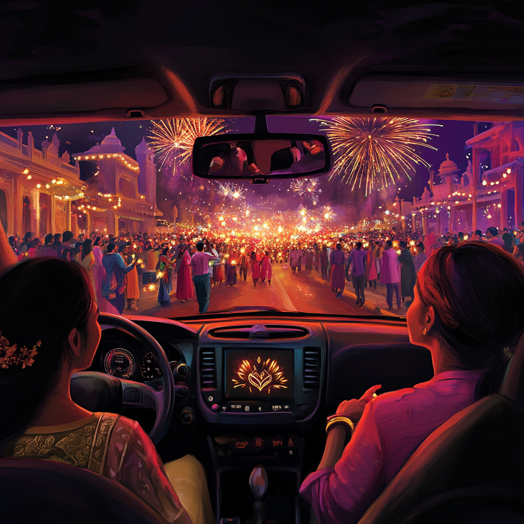 Family enjoys Diwali festivities from car's front view