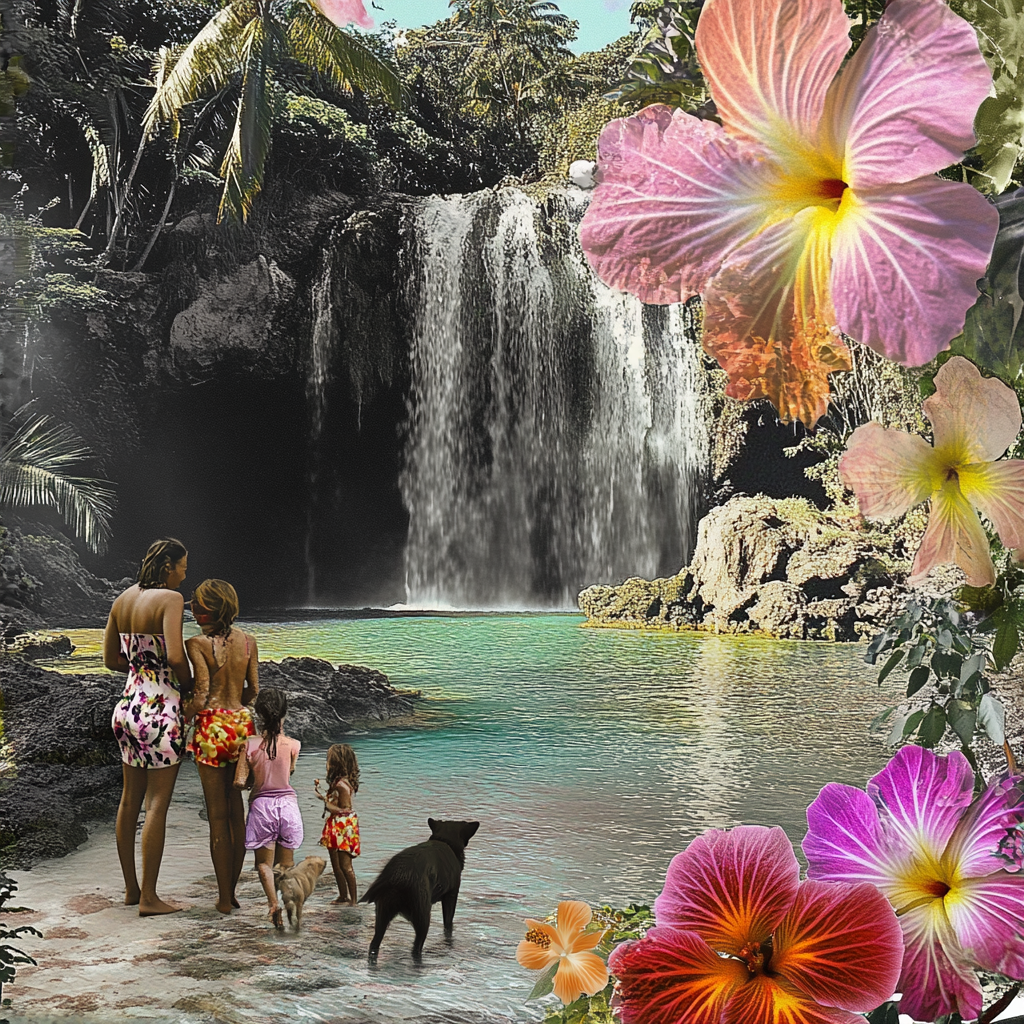 Family enjoys tropical pool with waterfall, pets by flowers