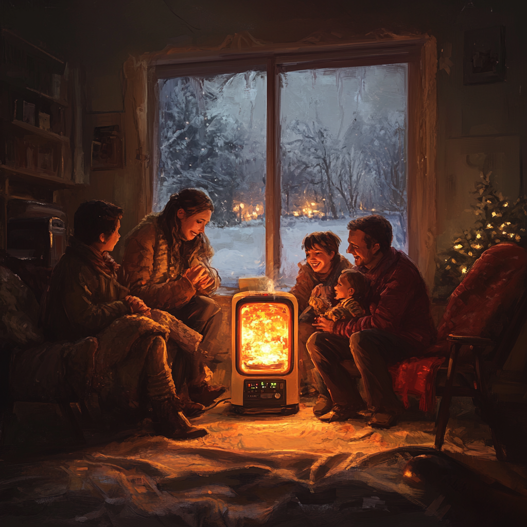 Family enjoys warmth and stories by heater