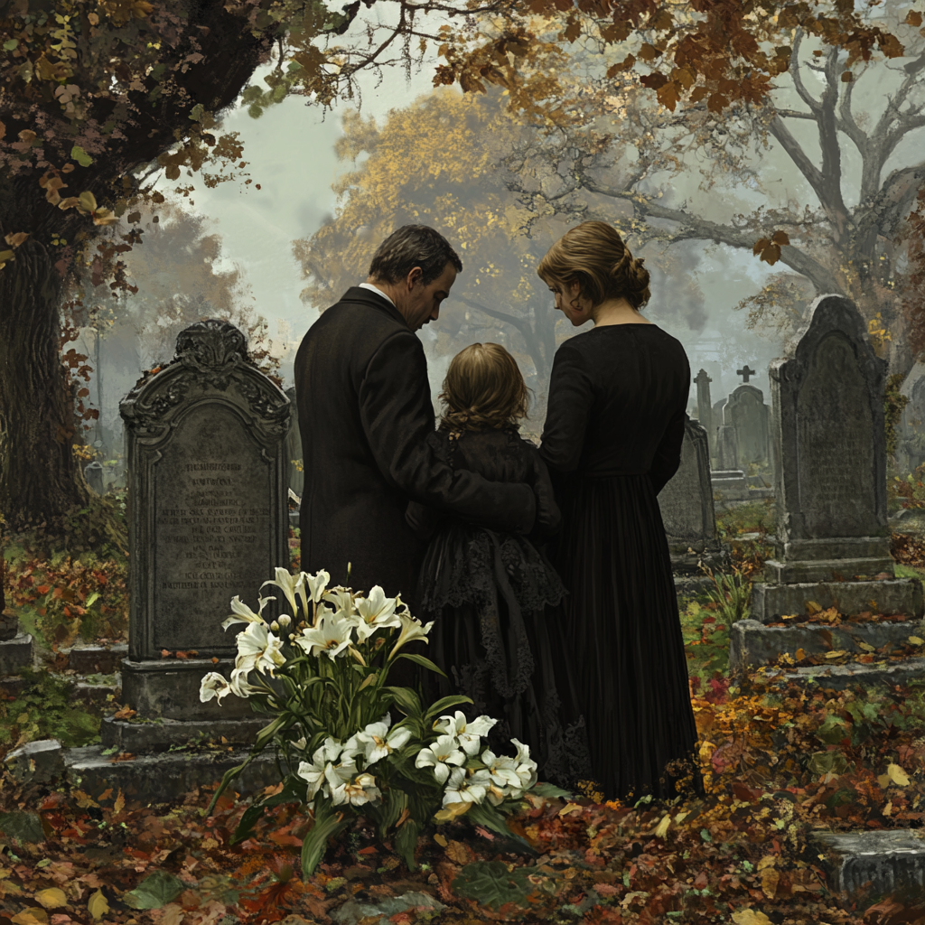 Family grieving at cemetery, realistic detail, somber atmosphere.