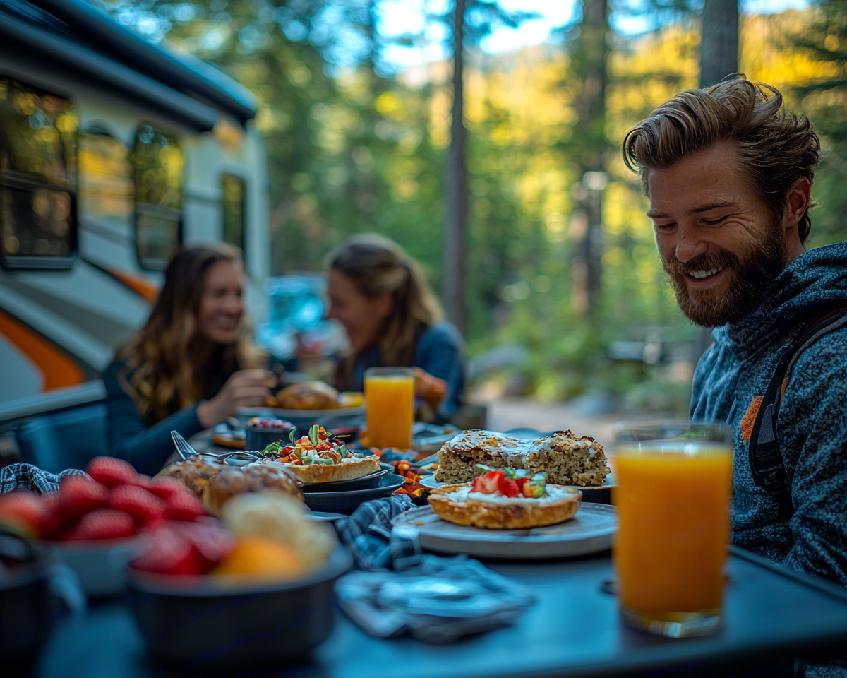 Family having breakfast by RV in forest