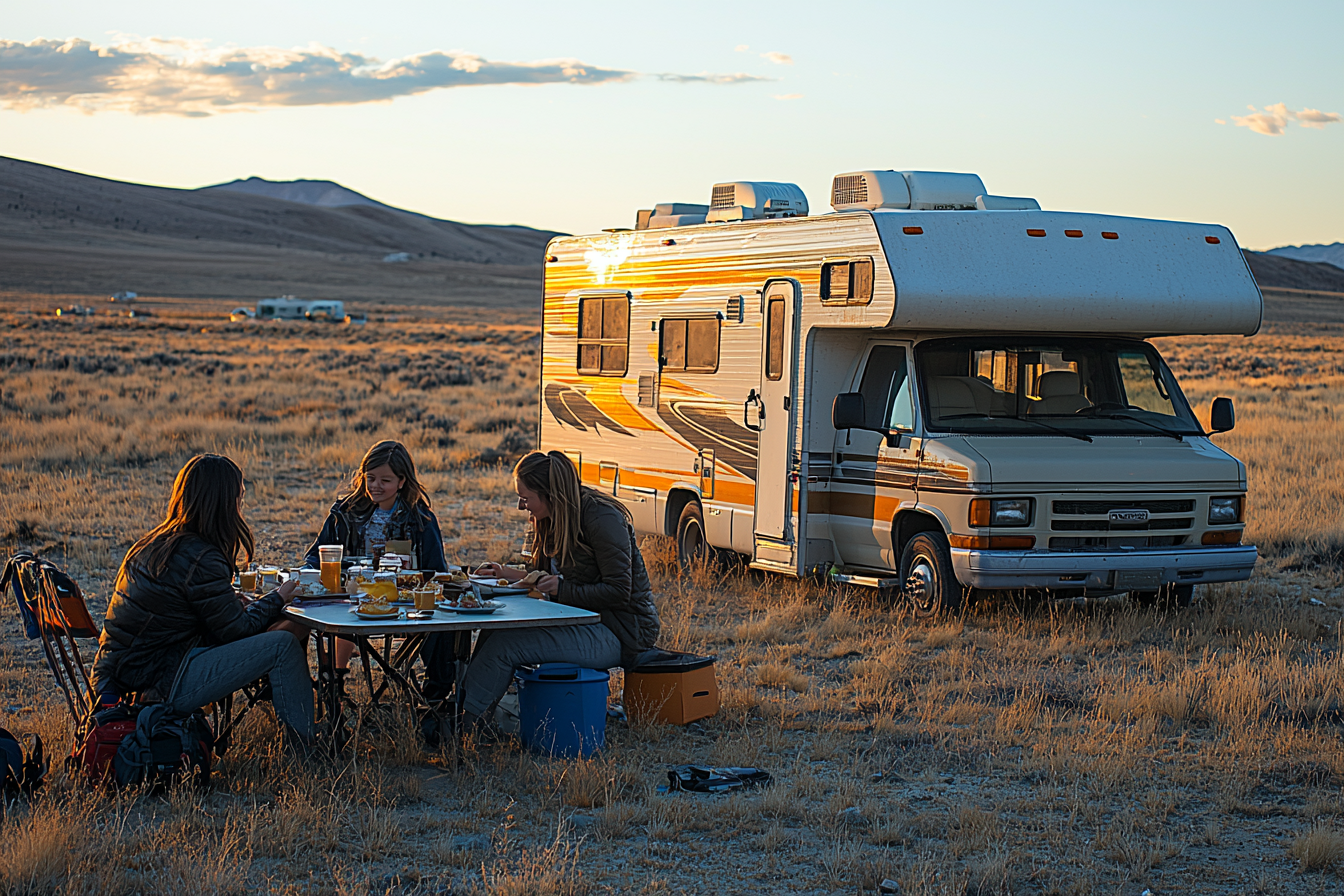 Family having breakfast in front of RV at 10am.