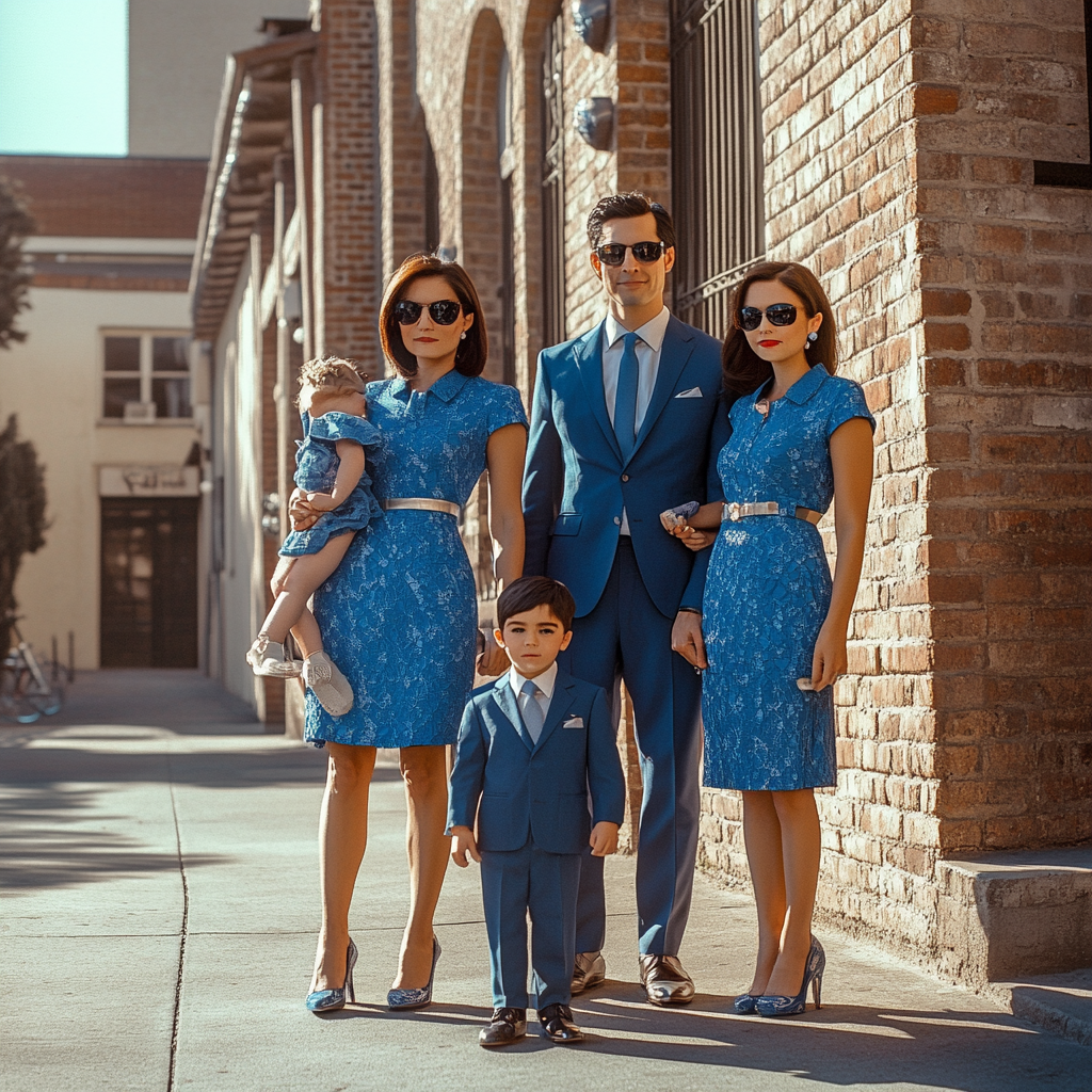 Family in blue outfits pose for fashion magazine photo.