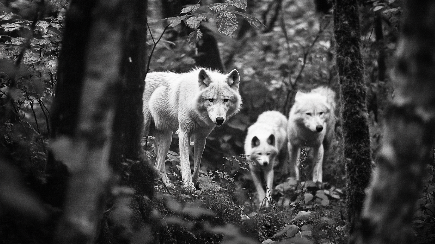 Family of Arctic wolves exploring Alaskan forest, black & white.