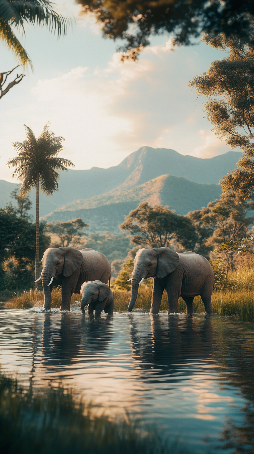 Family of Elephants Playing in African Lake