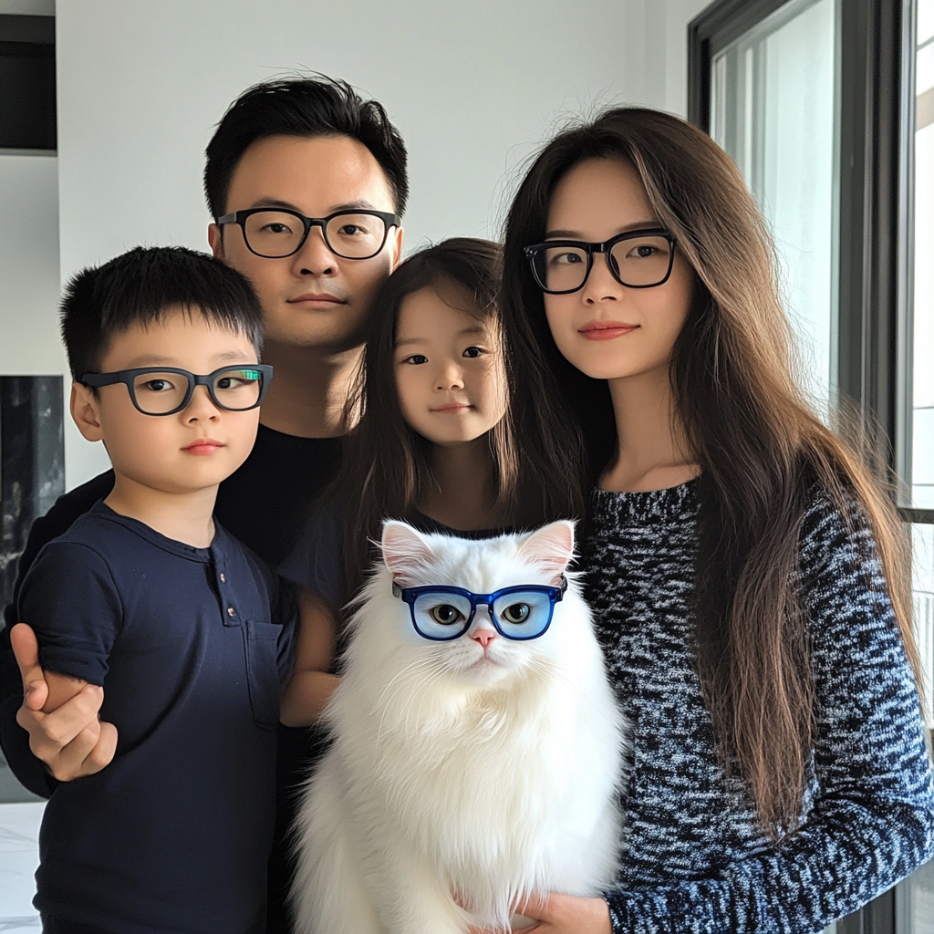 Family of four in China with white cat in photo.