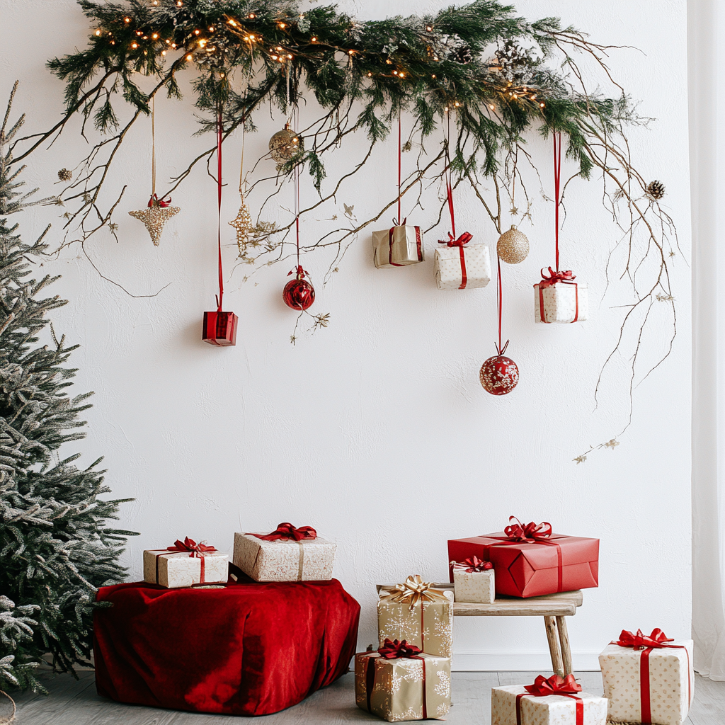 Family photo zone with fir branches and gifts