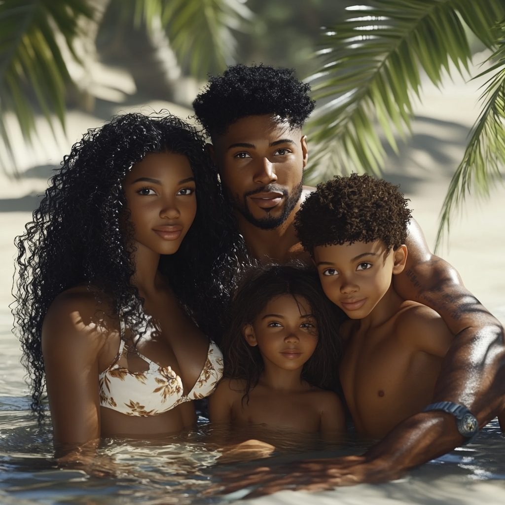 Family playing on beach, mother with long curly hair.