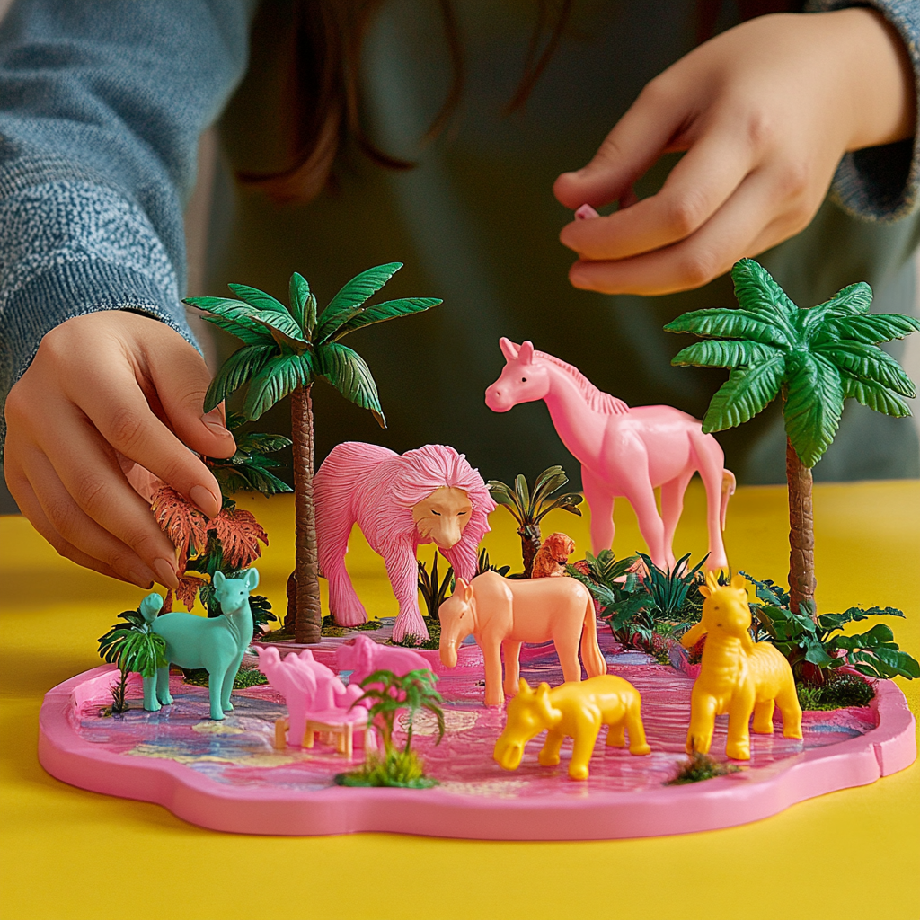 Family playing with pink toy animals in jungle scene.