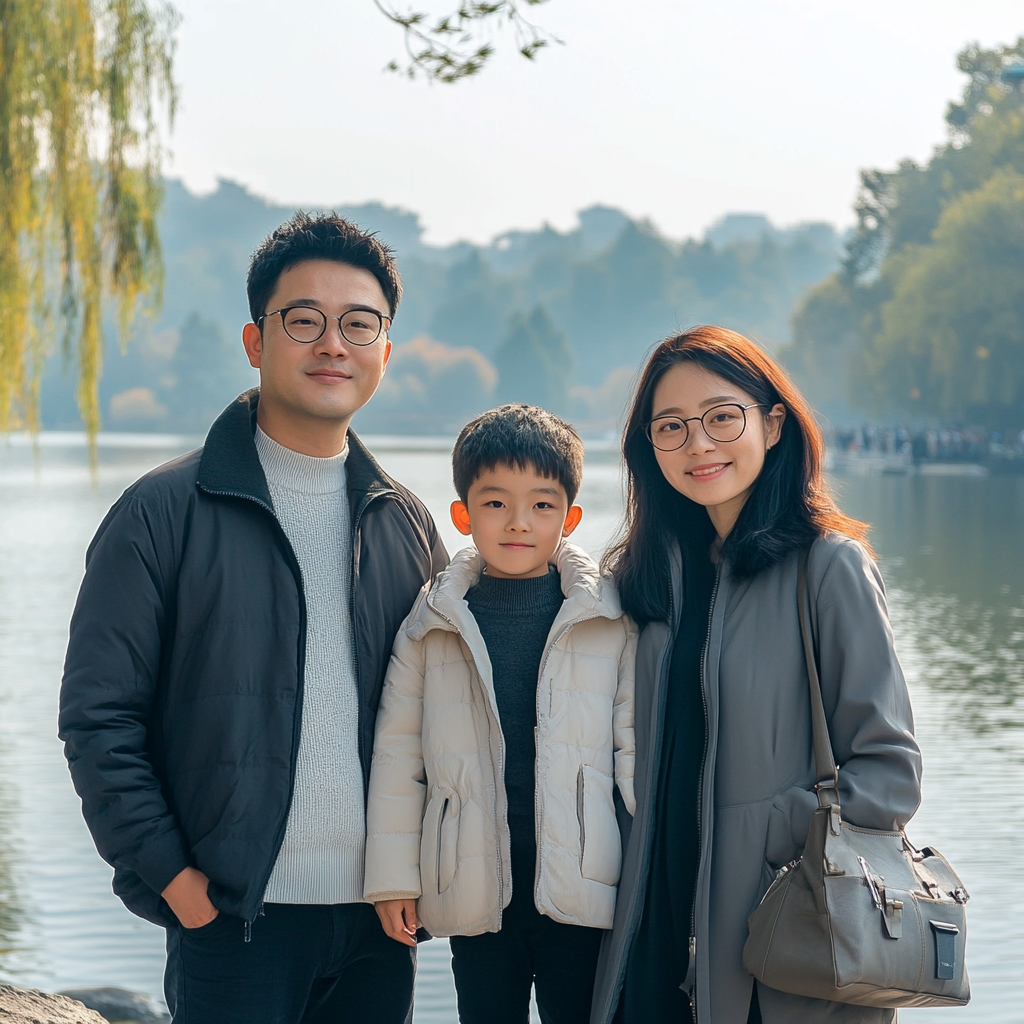 Family portrait with West Lake backdrop. Glasses-wearing parents, two kids.