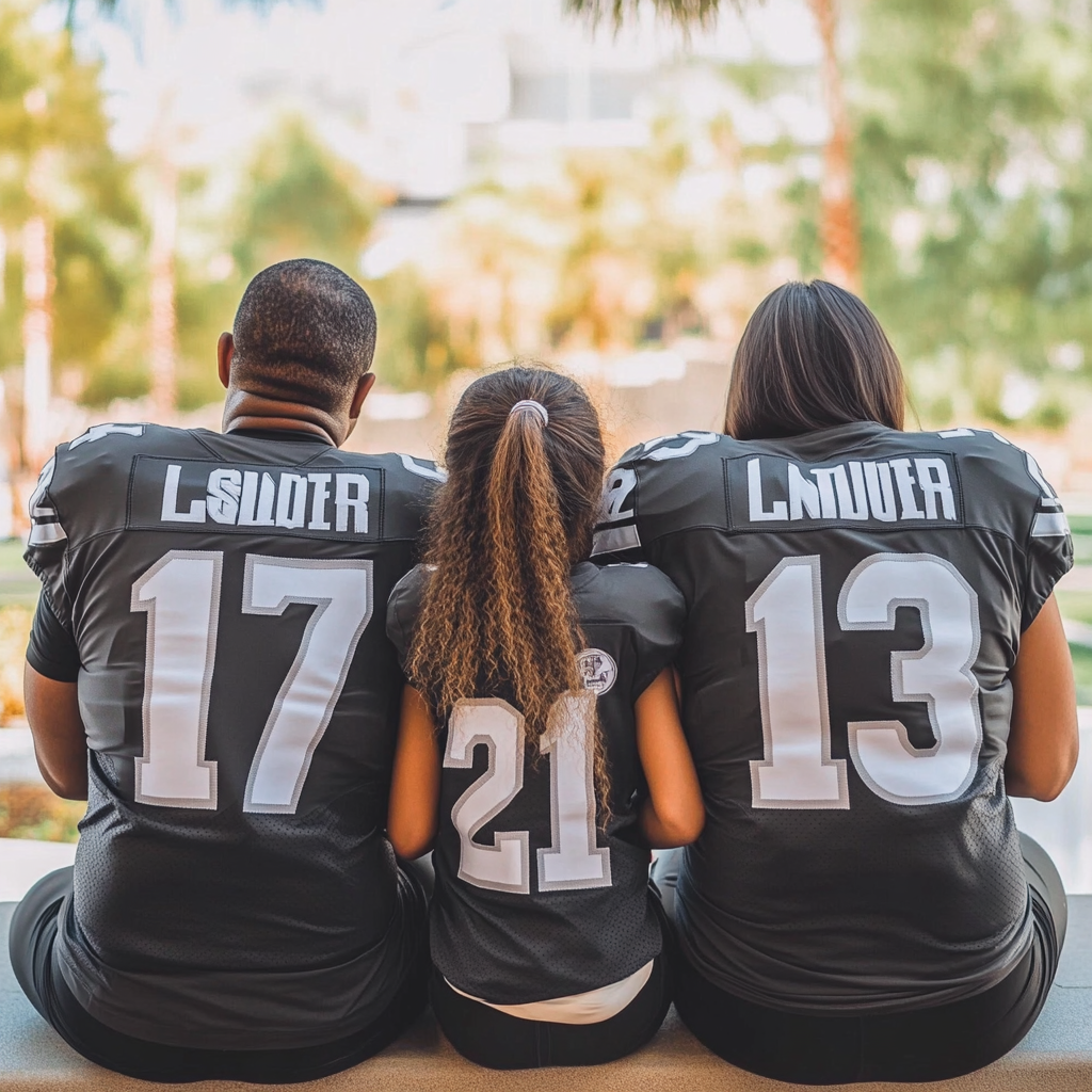 Family sitting together wearing Raiders jerseys with numbers.